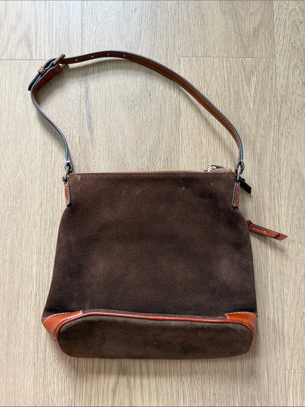 Dooney & Bourke Dark Brown Suede Messenger Bag with Tan Leather Trim